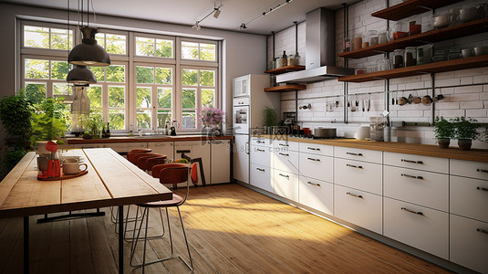 收拾屋子背景图片_现代厨房内部的 3d 渲染
