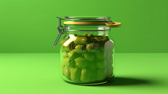 3D 渲染的绿色背景展示了一个剪贴盖食品保存罐