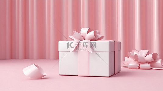 白色 3D 礼品盒，带缎面蝴蝶结，节日粉红色海报，适合生日新年或圣诞节