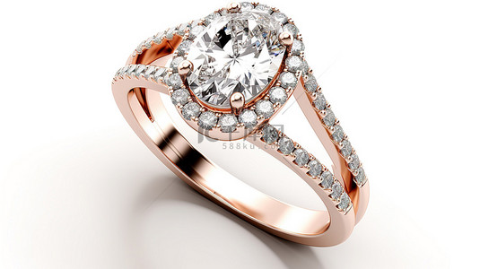 分体戒环订婚戒指的 3D 渲染，配有椭圆形中心侧钻石和玫瑰金光环