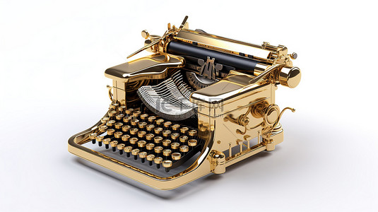 3D 渲染的金色打字机玩具隔离在白色背景上，用于装饰用途