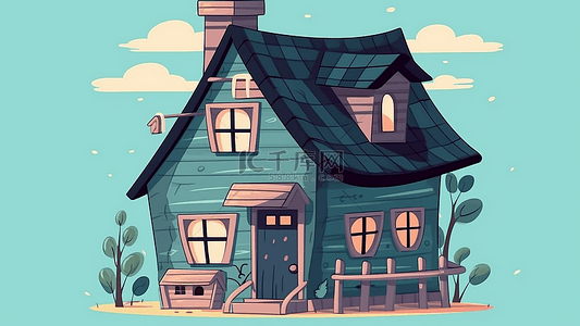 卡通线条房子背景图片_卡通房子烟囱简笔画绿色背景