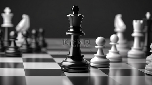 棋盘的 3D 插图渲染与黑白棋子强调运动和休闲活动概念