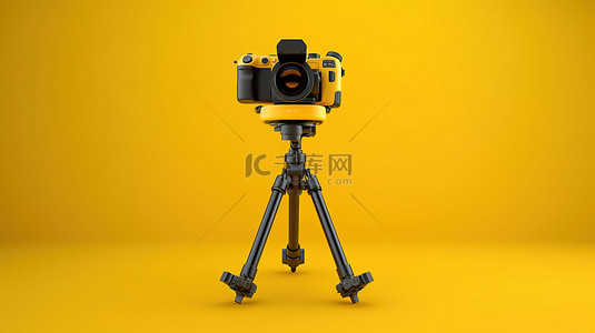 黄色背景 3D 渲染稳定三脚架系统，适用于单反相机和带万向节的摄像机