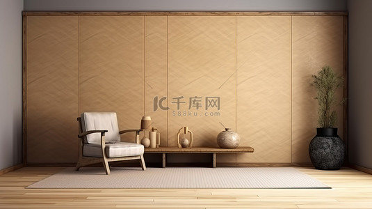 榻榻米地板上的日式禅宗风格扶手椅和矮桌，配有六角灯