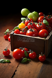 新鲜西红柿背景图片_木箱里的西红柿和蘑菇