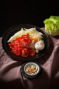 一个黑盘，碗里装有卷心菜辣椒和大蒜