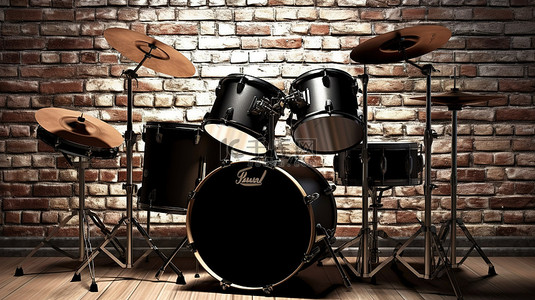乐器黑色背景图片_光滑的黑色鼓套件展示在 3D 渲染的砖墙上