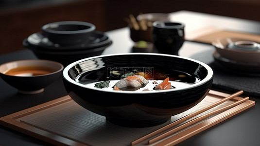 食品饮料工厂线背景图片_餐桌上的寿司盘与 3d 呈现的黑碗汤