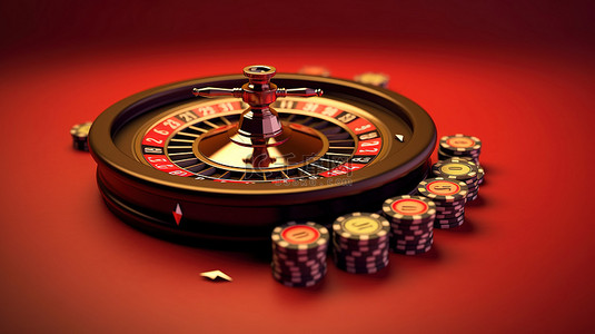 红色背景的 3d 渲染与扑克筹码和黑色赌场轮盘赌轮