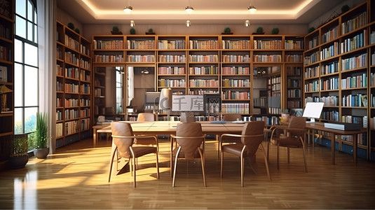 图书馆内部的 3D 渲染，配有书桌和椅子