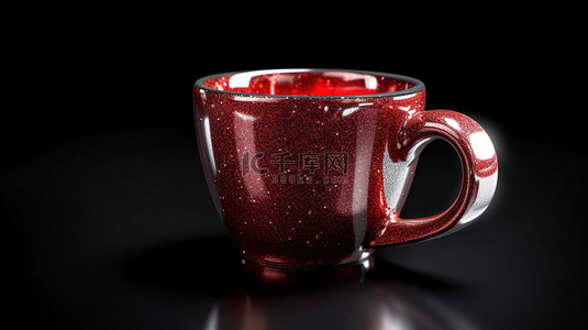 闪闪发光的金属红色单咖啡杯，带有闪闪发光的薄片，在黑色背景上特写 3D 渲染