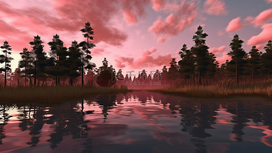 令人惊叹的 3D 渲染风景，宁静的湖泊反射出日出时郁郁葱葱的绿树和迷人的粉红色草地的壮丽景色