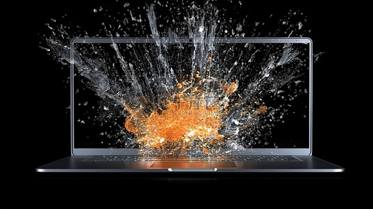 键盘电脑背景图片_3D 插图炸弹从笔记本电脑屏幕上发射，将玻璃粉碎成小碎片