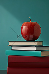 坐在彩虹上看书背景图片_一个红苹果坐在一堆书上