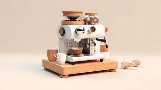 卡咖啡背景图片_白色背景上的浓缩咖啡机和木制咖啡研磨机的 3D 渲染