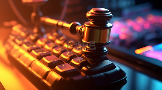 计算机键盘上代表网络法概念的法官木槌的 3D 渲染图像