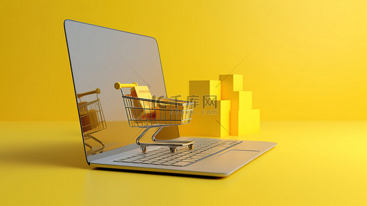通过黄色计算机背景上的 3D 渲染说明的在线营销网站概念