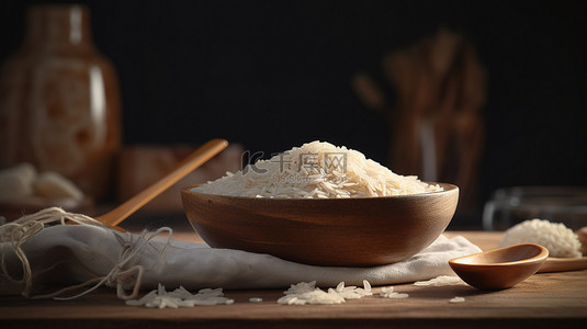 餐桌米饭背景图片_白色陶瓷碗中的印度香米，木桌上放着木勺 3d 渲染插图，配有粗麻布餐巾和纹理照明