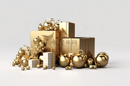 人礼物背景图片_金色装饰品，包括圣诞花环和礼物