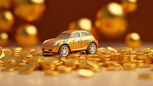 象征商业成功的天秤座上的木制玩具车和金币的 3D 渲染
