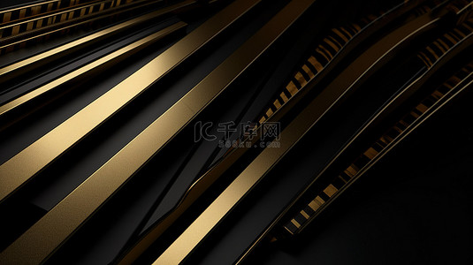 高端纹理背景辅以 3d 渲染的黑色和金色条纹线