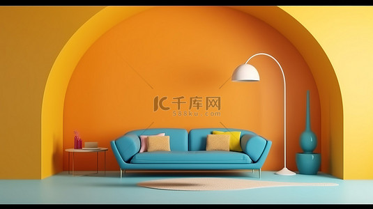 休息区的 3D 渲染，配有时尚的橙色沙发落地灯黄色墙壁和蓝色拱门，采用现代色彩缤纷的内饰