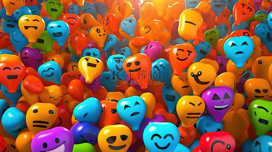 带有评论图标图案背景的 3D 渲染气球符号是社交媒体上思想和反应的创意表达