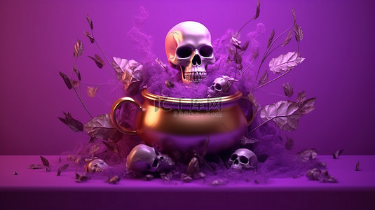 怪异的万圣节场景，以女巫的大锅墓碑和头骨为特色，在充满活力的紫色背景上以 3D 呈现传统的十月庆祝活动