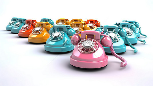 白色背景下彩色复古风格的老式旋转电话的 3D 渲染