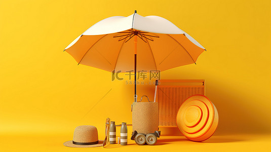 放松放松背景图片_黄色背景上的沙滩伞和旅行配件的 3D 插图唤起了暑假的本质