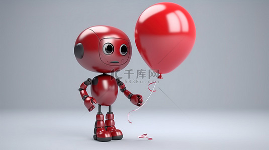 红色生日背景图片_拿着红色气球的机器人是友好技术的例证