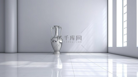 简约花瓶背景背景图片_简约房间的 3D 渲染，配有背光墙壁抛光地板和镀铬花瓶