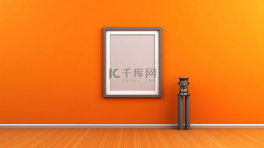 系统框背景图片_挂在充满活力的橙色墙壁上的空框架 3D 渲染