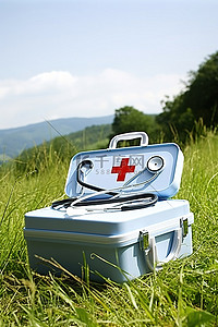 急救箱背景图片_听诊器和医疗急救箱有白色背景