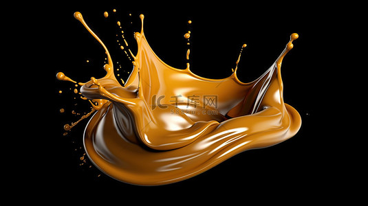 奶油美食背景图片_金色焦糖溅落在黑色背景上，带有逼真渲染的 3D 插图