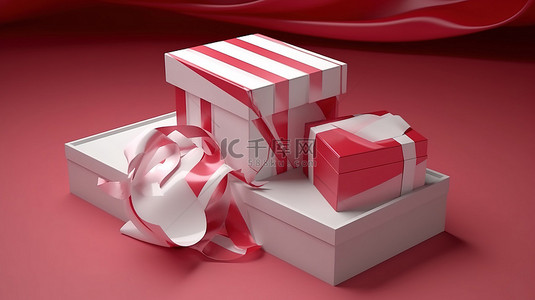 春节氛围贴纸背景图片_红色和白色阴影礼品盒和匹配的 3D 渲染贴纸