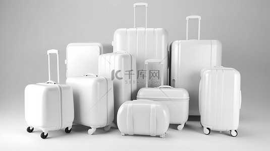 不同尺寸的白色手提箱在纯白色背景上以 3D 渲染展示