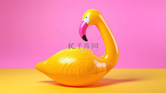 夏季漂浮在黄色背景上的粉色火烈鸟充气泳池玩具的 3D 渲染