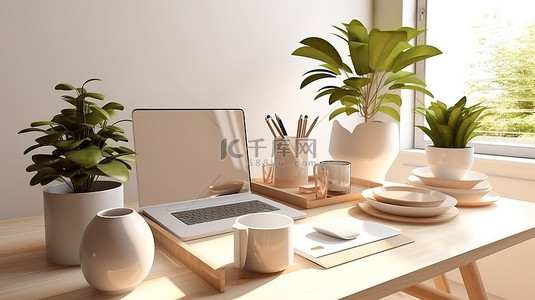 3D 渲染时尚简单的工作站，配有便携式平板电脑键盘和木桌上别致的装饰
