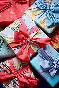 礼物彩带背景图片_一组包装纸，上面有鲜艳的彩带