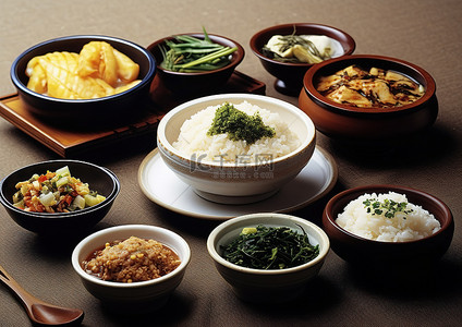 炖土鸡背景图片_碗里的豆腐与米饭和其他食物