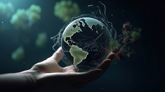 责任背景图片_渲染插图描绘了用手握住地球和可回收图标的环境责任