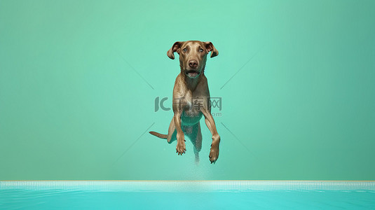 3d 渲染的棕色狗在翡翠池中溅起水花