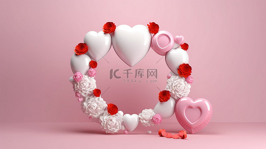 情人节花环，白色圆形设计心形气球玫瑰和 3D 渲染