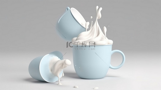 卡通风格 3D 渲染软冰淇淋在白色背景上隔离的牛奶杯中