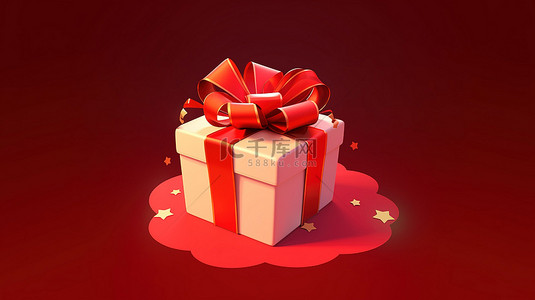 充满活力的 3D 渲染逼真礼品盒，红色背景上带有多色蝴蝶结