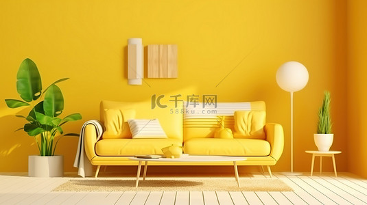 现代黄色调客厅令人惊叹的 3D 渲染室内设计概念