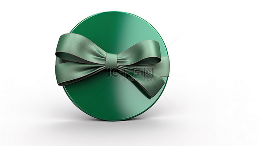 带绿色丝带和蝴蝶结的圆形销售标签的白色背景 3D 渲染