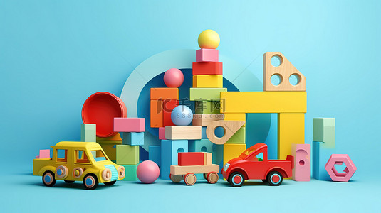 充满活力的儿童木制玩具 3D 渲染的彩色横幅背景